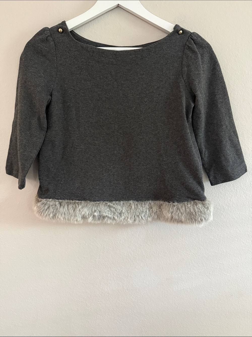 Janie and Jack Girls Gray Ponte Faux Fur Hem Gold Button Top 10
